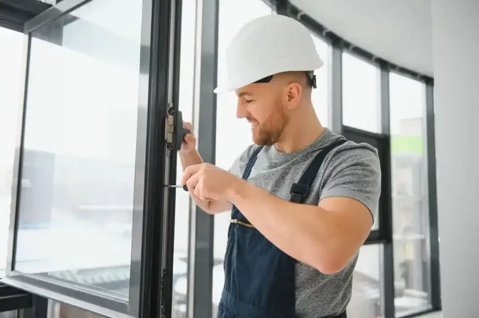 Trabalhador realizando manutenção predial em esquadria de janela