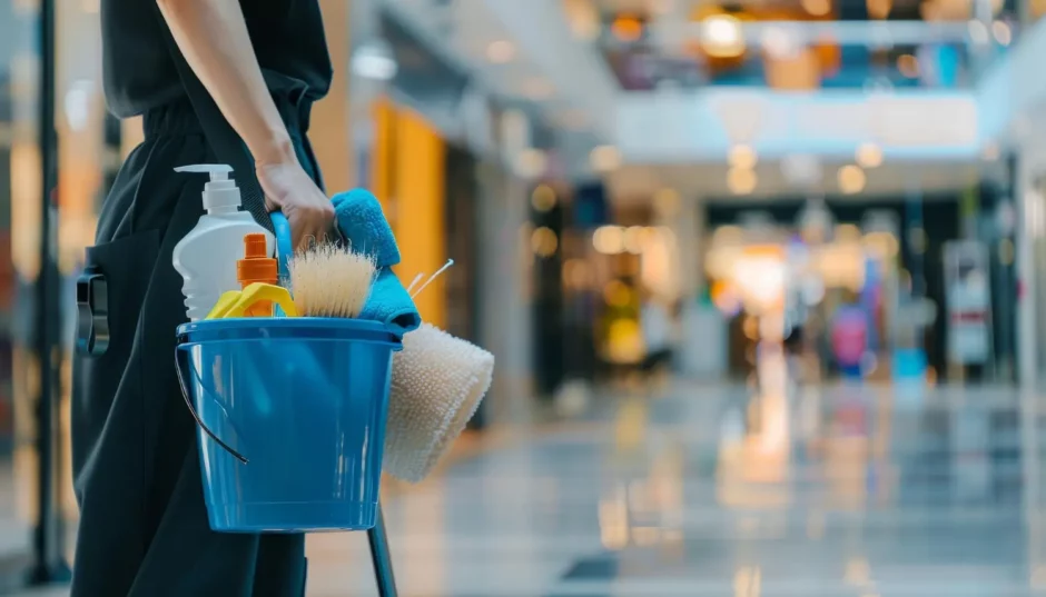 Profissional de limpeza comercial segurando balde com produtos e equipamentos de limpeza em um shopping