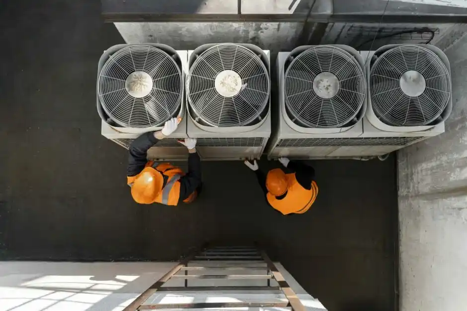 Técnicos realizando manutenção HVAC em unidades externas de ar-condicionado
