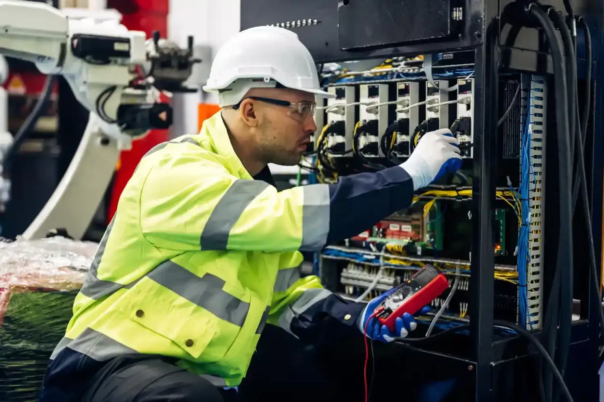 Profissional realizando manutenção elétrica industrial com EPI, representando prática segura após treinamento NR-10.