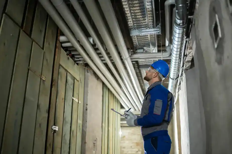 Técnico vistoriando tubulações em um edifício, representando a atuação de uma empresa de manutenção predial