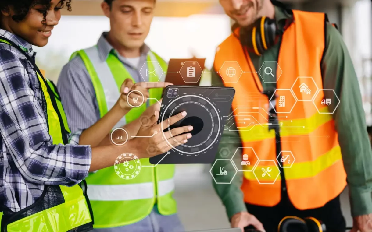 Trabalhadores utilizam tablet para gestão de processos e manutenção terceirizada em ambiente industrial, com ícones digitais representando tecnologia e automação