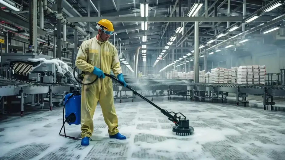 Funcionário de empresa de limpeza terceirizada higieniza chão industrial com equipamentos profissionais.
