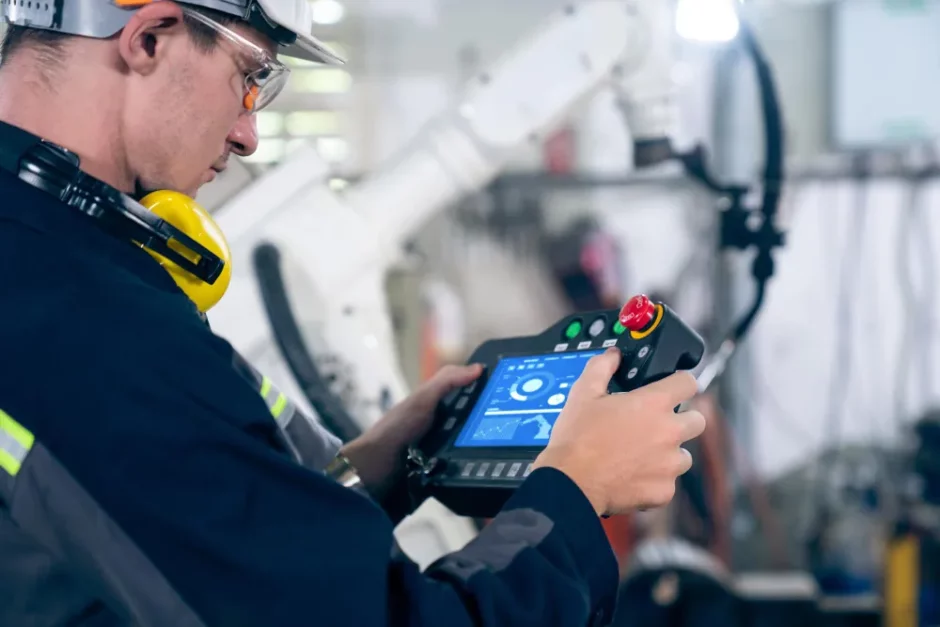 Técnico monitora painel de controle industrial para aplicar manutenção preditiva, preventiva e corretiva na produção