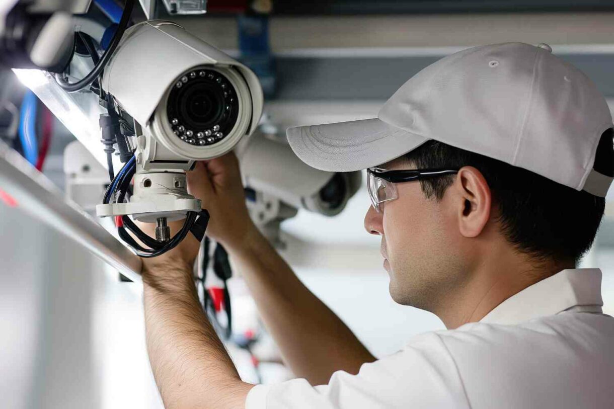 Técnico instalando câmera de segurança em ambiente interno, exemplo de solução de segurança eletrônica.