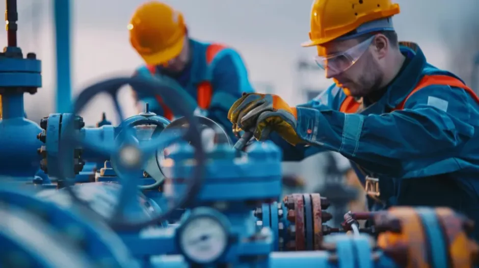 Técnicos executando plano de manutenção industrial em válvulas e tubulações