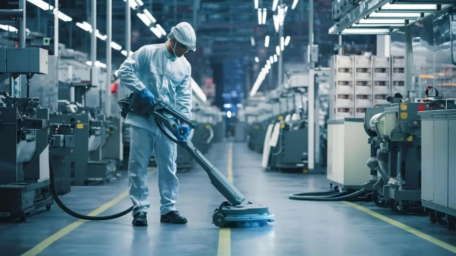 Operário realizando aspiração industrial em piso de fábrica com equipamento especializado