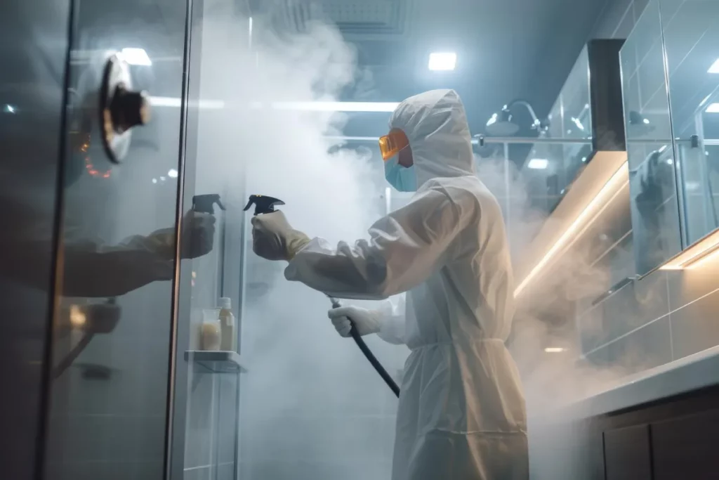 Profissional com traje de proteção completo e máscara aplicando jato em banheiro tomado por vapor, realizando limpeza criogênica