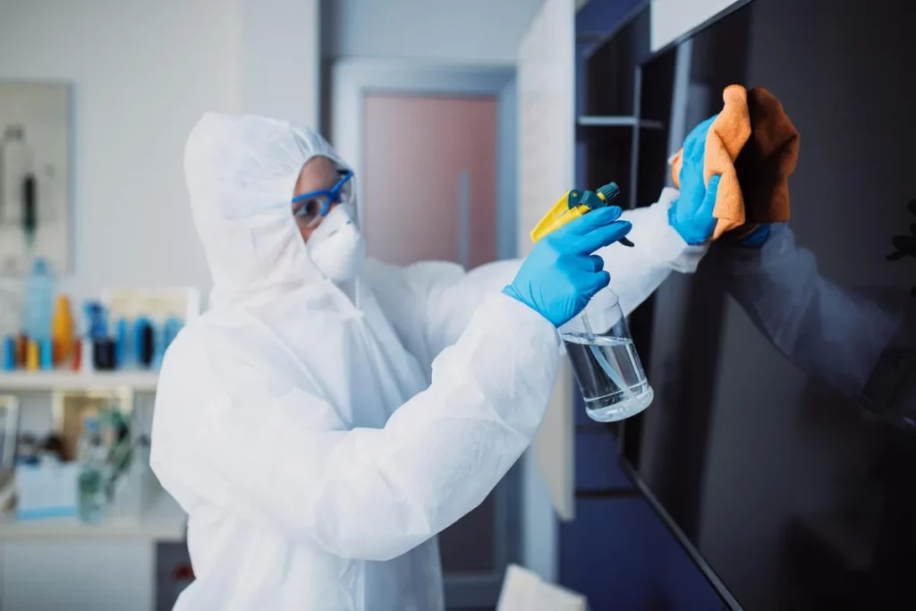 Limpeza técnica de ambientes controlados Profissional de limpeza técnica com macacão, óculos e máscara de proteção, borrifando produto e higienizando um ambiente controlado.