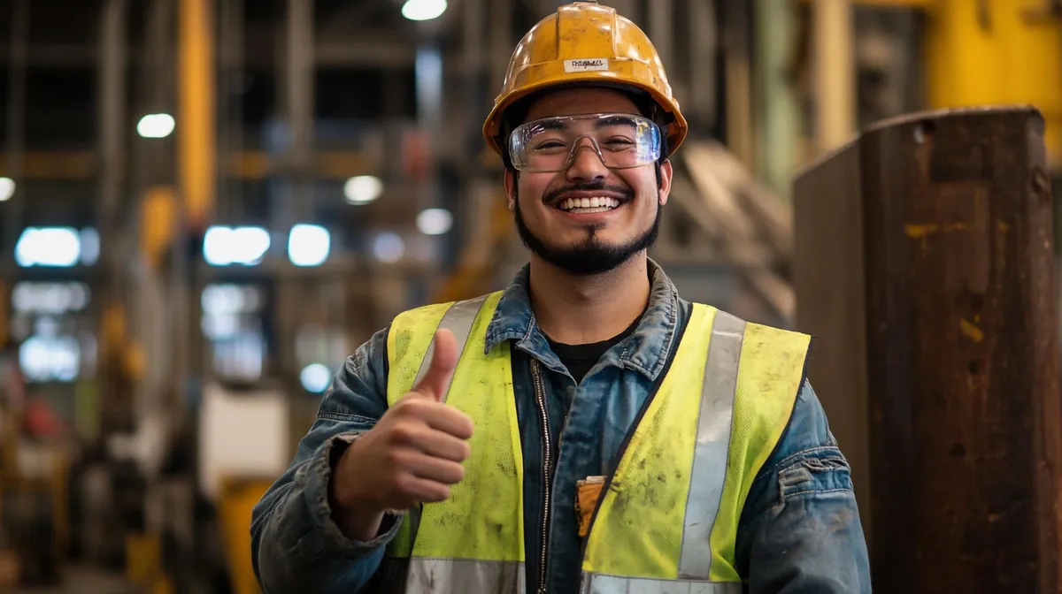 Trabalhador de indústria sorridente com capacete e óculos de proteção fazendo sinal de positivo, remetendo à NR-1 e saúde mental